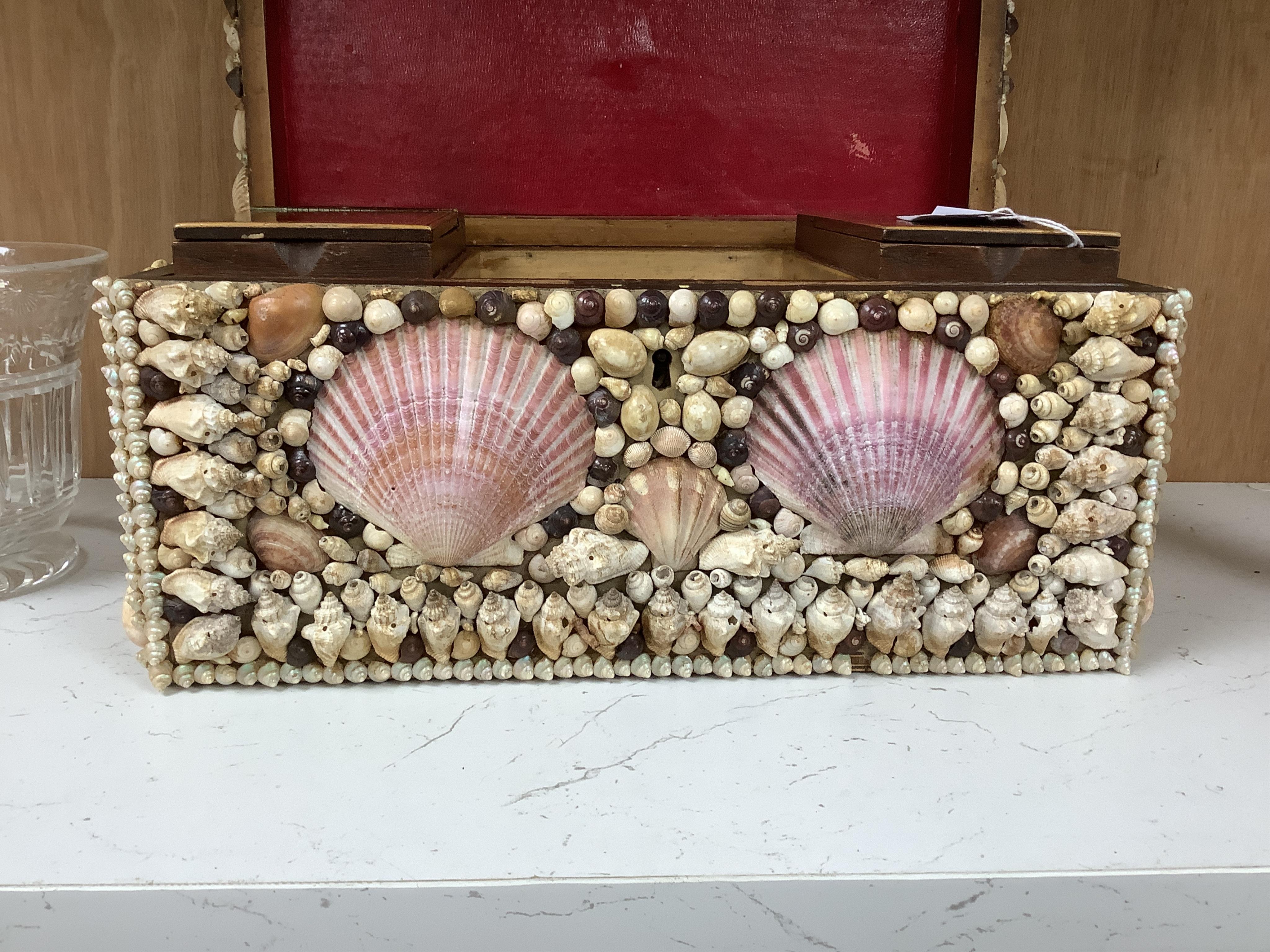 A George III tea caddy, shell covered in 19th century. 32cm wide x 15cm high x 17cm deep. Condition - a few shells missing but appears in good condition